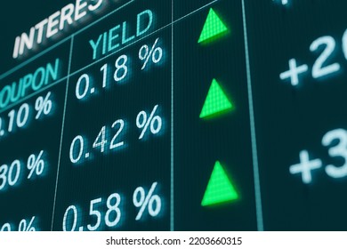 Interest Rates Up. Rising Bond Yields And Rates For Saving Accounts On The Screen. Finance, Invest, Mortgage Loan And Stock Exchange Concept. 3D Illustration