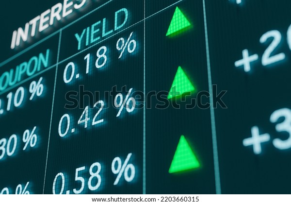 Interest rates up. Rising bond yields and\
rates for saving accounts on the screen. Finance, invest, mortgage\
loan and stock exchange concept. 3D\
illustration