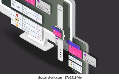 Interface of the financial application on the screen of your phone office computer and smart watch. 3d illustration