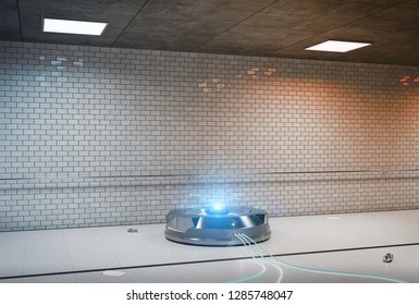 Interface Hologram Projector In Dark Underground Tunnel 3d Rendering 