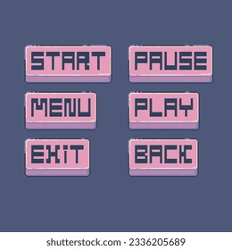 Interface menu buttons. Play, pause, menu, start, exit, back. 8 bit sprite. Game development.