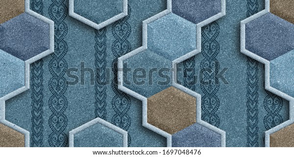 Interior 3D wall tile design, Marble wall tile for home décor, abstract texture background ,fabric textile pattern, Hexagonal Shaded geometric modules. High quality seamless 3d illustration.