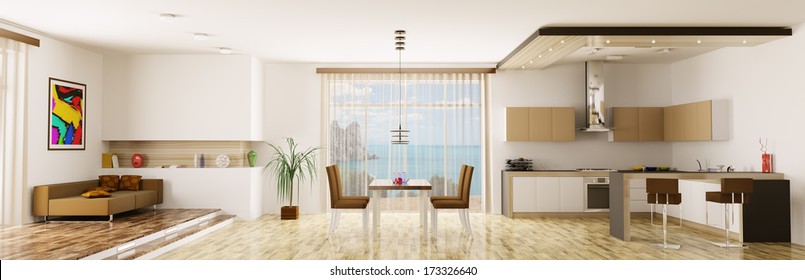 Interior of apartment kitchen dining room panorama 3d render