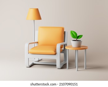 Interior With Armchair, Floor Lamp, Small Table And Plant On Floor. Simple 3d Render Illustration.