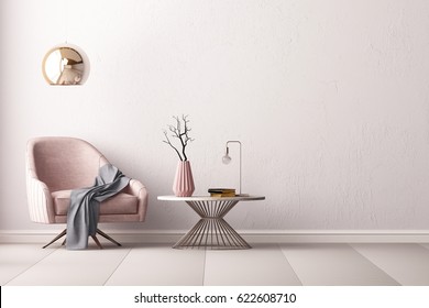 Interior with an armchair and a little table on a background of an empty wall, 3D render, 3d illustration.