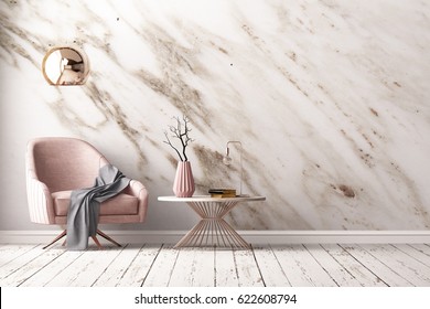 Interior with armchair and a table on a background of a marble wall, 3d render, 3d illustration