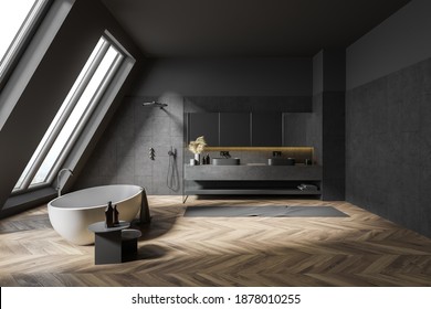 Interior of attic bathroom with gray walls, wooden floor, comfortable bathtub, double sink and shower stall. 3d rendering
