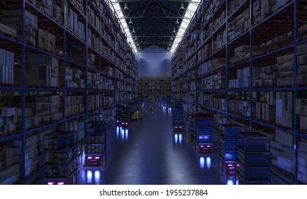 interior of an automated warehouse, drones at work, night view. 3d render