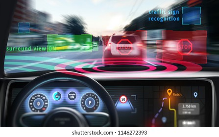 Interior Of Autonomous Car With The Machine Learning Algorithms. HUD(head Up Display) Or GUI (graphical User Interface). 3D Illustration.