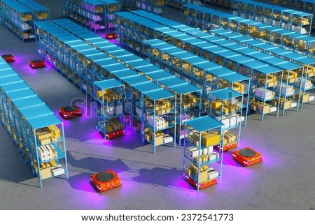 Interior of autonomous warehouse. Storage robots move shelving throughout building. Autonomous warehouse without people. Industrial robots. Building with autonomous warehouse, interior view. 3d image