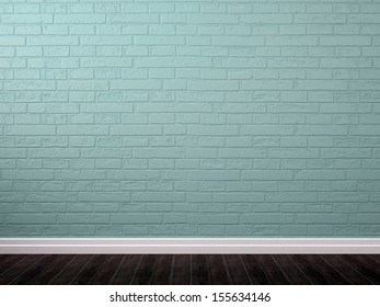 Interior Background Of Blue Brickwork, Brown Parquet And White Plinth