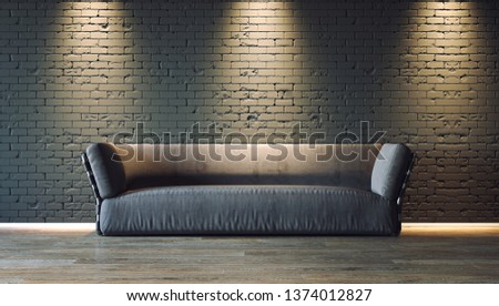 Interior background, room with dark gray wall, light and sofa, 3D illustration. 