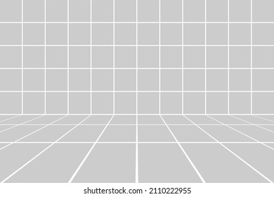 Interior Background With Symmetrical Grid Lines Texture In Diminishing Perspective View. Tiling Floor And Wall In Empty Room. 