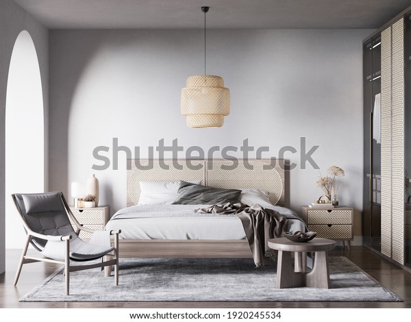 Interior Bedroom Wall Mockup - 3d Rendering,\
3d Illustration