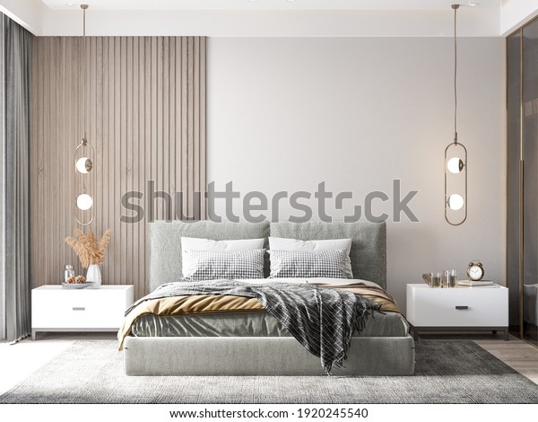 Interior Bedroom Wall Mockup - 3d Rendering,\
3d Illustration