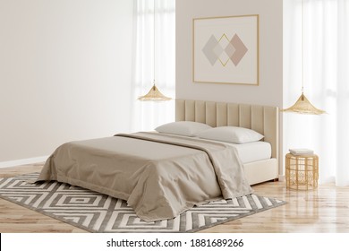 Interior of a beige bedroom with a horizontal poster on the wall between two windows, a bed with wicker chandeliers over bamboo bedside tables, and a beige carpet on the parquet floor. 3d render