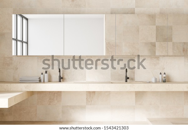 Interior Beige Tile Bathroom Double Sink Stock Illustration 1543421303 ...