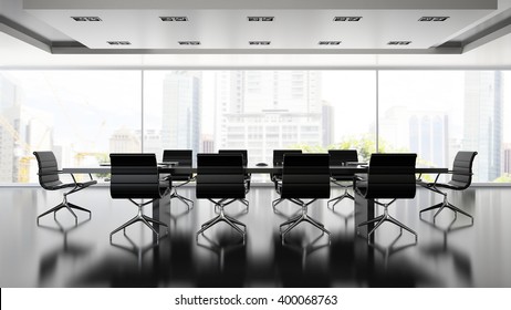 Interior of boardroom with black armchairs 3D rendering 