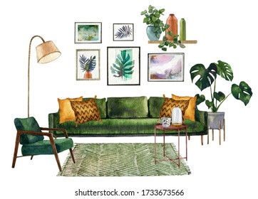 Interior bohemian  background with mid century modern furniture,Interior Decor Scene.Room with tropical houseplant,rug,greenery sofa,armchair.Watercolor illustration.Housewarming print.Stay at home - Powered by Shutterstock