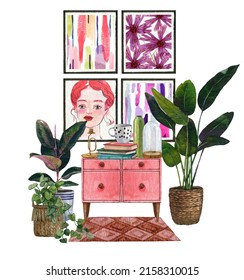 Interior Bohemian  Background With Mid Century Modern Furniture,Interior Decor Scene.Room With Tropical Houseplant,rug,pink Dresser.Watercolor Illustration.Housewarming Print.