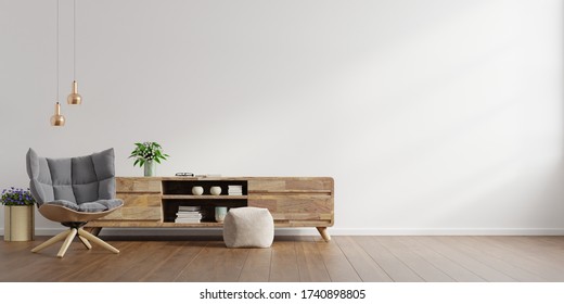 Interior of a bright living room with armchair on empty white wall background.3D rendering