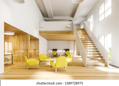 Interior of bright two storey office with white and wooden walls, comfortable waiting room with yellow armchairs and open space area in the background. 3d rendering