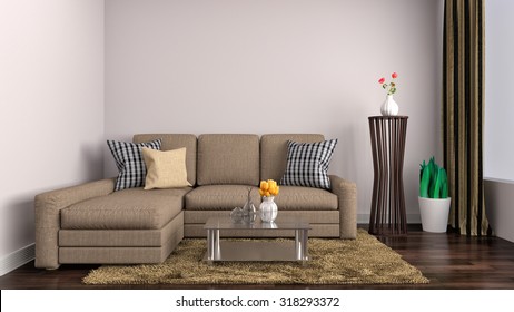 interior with brown sofa. 3d illustration - Shutterstock ID 318293372