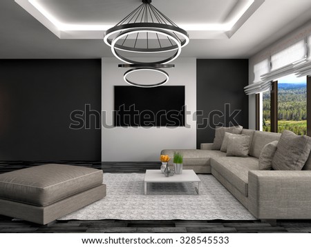 interior with brown sofa. 3d illustration