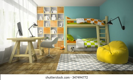 Interior Of Children Room With Bunk Bed 3D Rendering 