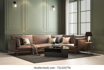 Interior Classic Living, Retro Classical Style, With Loose Furniture, 3D Rendering, 3D Illustration