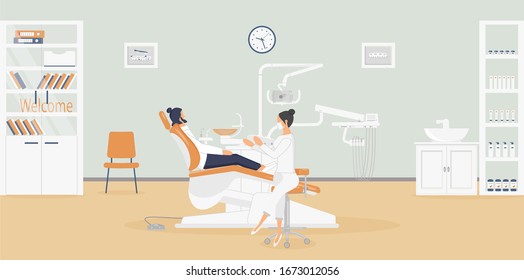 Interior Of Clinic: Dentist's Office With A Stylish Medical Equipment For Dental Treatment.Surgeon Is Talking To Patient Sitting In A Chair .Products For Oral Hygiene In Closet.Raster Illustration