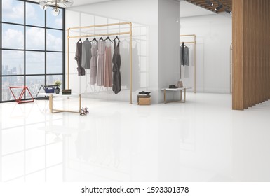 Interior of clothing store. Bright interior. Minimalistic style.Clothes
hang on hanger.Trendy colors. windows and free space. clothes and
flower pot. shoes on the table, side view. 3d rendering