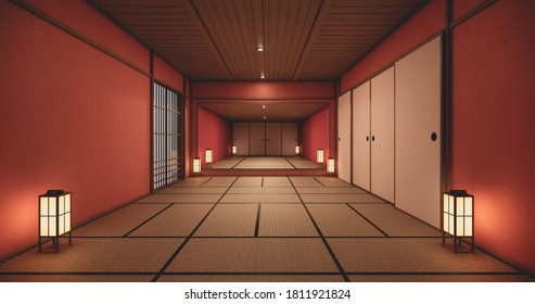 The Interior Color Red Room Inteior With Tatami Mat Floor.3D Rendering