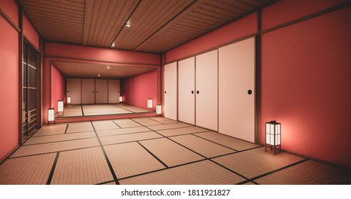 The interior color Red room inteior with tatami mat floor.3D rendering