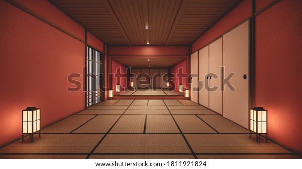 The interior color Red room inteior with tatami\
mat floor.3D\
rendering