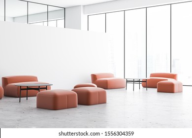 Interior Of Comfortable Office Lounge Area With White Walls, Concrete Floor, Panoramic Window And Orange Sofas And Armchairs Near Coffee Tables. 3d Rendering