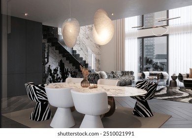 The interior composition apartment features a dining table, a large sofa, and a staircase