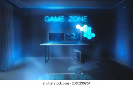 Interior For Computer Games, Game Sports And Stream. Abstract Neon Background In The Interior. Night View Of The Room, White Table, Neon Light. Blue And Pink Neon. 3D Illustration. 