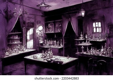 Interior Concept Art Illustration Of A Haunted Parlor Dining Room, Purple, Dark And Moody. Dungeons And Dragons Haunted Mansion.