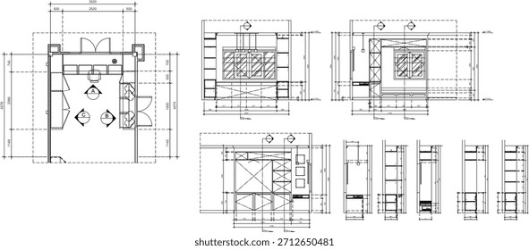 Interior Construction Drawings for Window-Facing Work Desk Area, Lounge Table, and Built-in Display Cabinet with Complete Plans, Elevations, and Sections