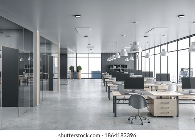 Interior Of Contemporary Office With No People.  Long Wooden Tables With Computers. Workplace And Lifestyle Concept. 3D Rendering