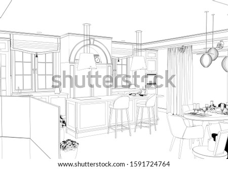 interior contour visualization, 3D illustration, sketch, outline
