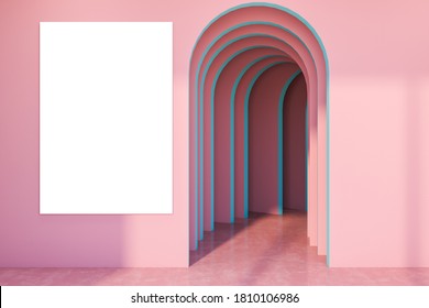 Interior Of Corridor With Pink Walls And Floor, Arched Doorway And Vertical Mock Up Poster. 3d Rendering