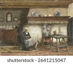 Interior of a Cottage in Scheveningen (1887) by Willem Adriaan Alexander Liernur. Vintage oil painting. Beautiful old artwork, oil painting. Vintage illustration.