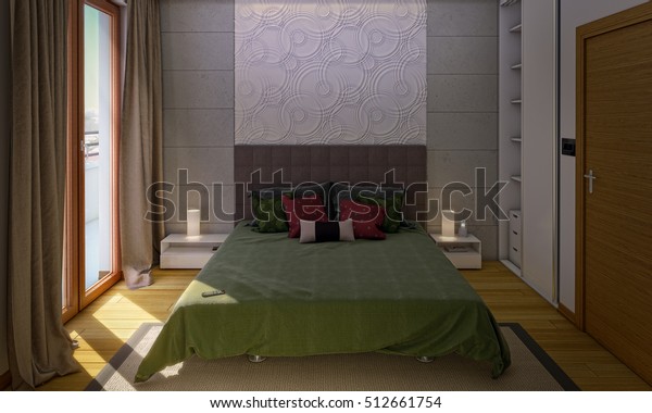 Interior Cozy Bedroom Wall Panels 3d Stock Illustration
