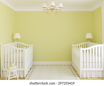 Interior Of Cozy Nursery For Twins With Two Cribs. Frontal View. 3d Render.