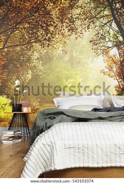 Interior of a cozy rustic room with a country mural background on the wall. 3d rendering.
