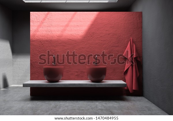 Interior Crude Bathroom Red Gray Walls Royalty Free Stock
