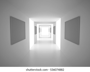 Interior with Deep of Field. Empty Corridor with blank frames. White Architecture Background. 3d Render Illustration.