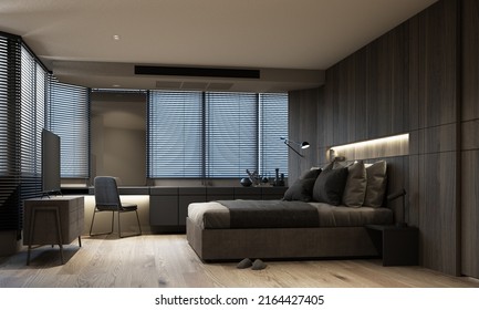 The Interior Design Of The Apartment In Dark Tones And Minimal Style. With Dark Wood Materials And Gray Upholstered Furniture With Large Windows And Sheer Curtains. Bedroom 3d Rendering